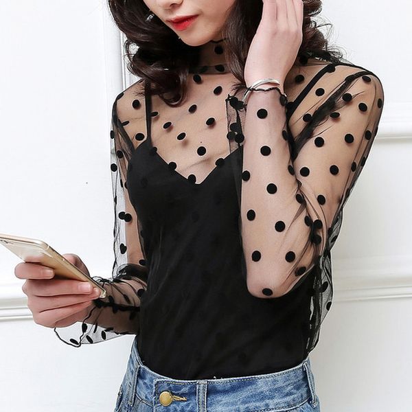 

women black dot lace star tank harajuku cute mesh net see through t shirt girls spring summer lace blouse, White