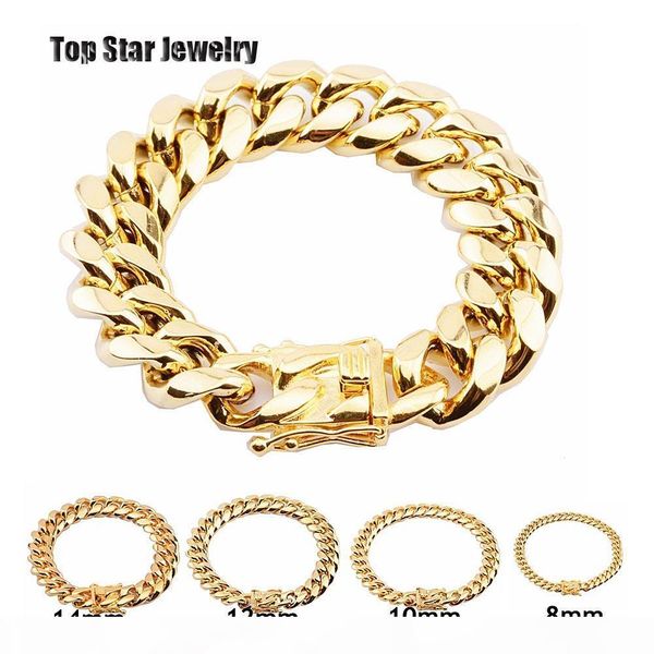 

8mm 10mm 12mm 14mm 16mm 18mm stainless steel bracelets 18k gold plated high polished miami cuban link men punk curb chain butterfly clasp, Black