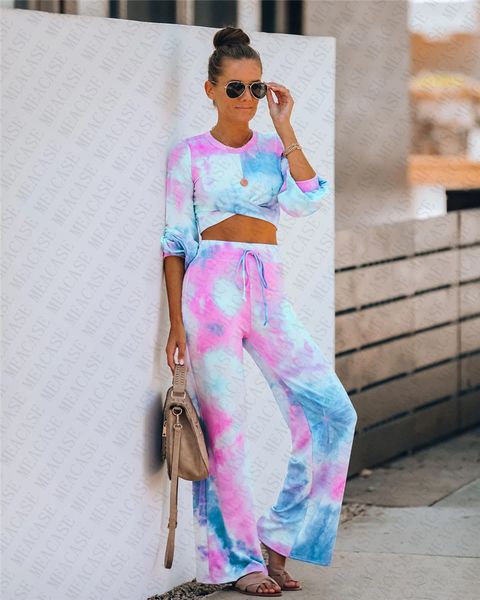 

women designer tracksuit tie-dye crop cross hoodies + loose pants trousers two piece matching suit gradient outfits d72711, White