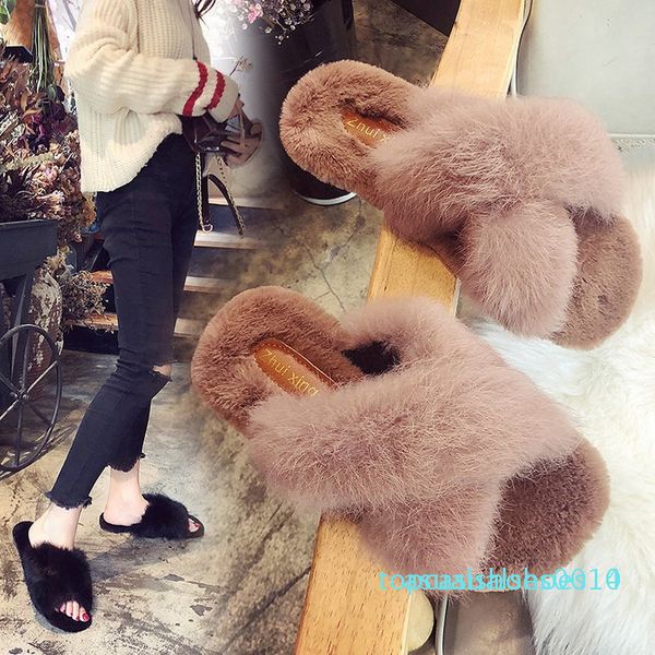 

winter women home slippers fault fur fashion warm shoes woman slip on flats female slides black khaki plus size 39 drop ship c14