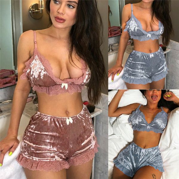 

women lingerie babydoll sleepwear underwear lace ruffle v-neck bra velvet bustier corset high waist shorts 2pcs pajama sets, Gray
