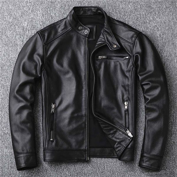 

men's leather & faux cowhide genuine 2021 jacket men plus size 4xl motorcycle real cow short coat clothes slim outerwear male autumn, Black