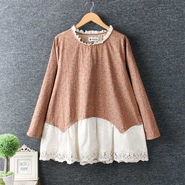 

2020 spring new small fresh lace round neck long-sleeved floral cotton shirt blouse, White
