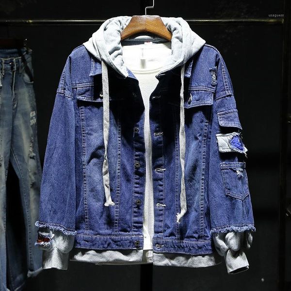 

fake two pieces men denim jackets casual fashion handsome mens coats hooded loose mens designer outerwear, Black;brown