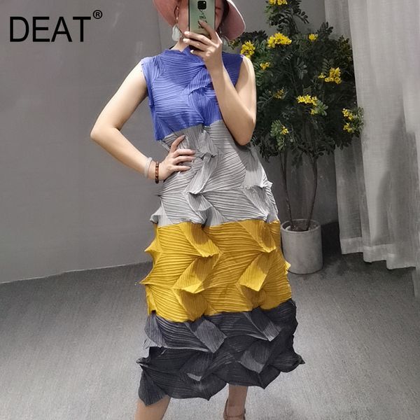 

deat] 2020 new pattern fahsion pleated waist female wild panelled round collar sleeveless elegant long length the dress at161, Black;gray