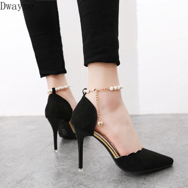 

2020 autumn new pointed stiletto word buckle single shoes beaded anklet high heels, Black