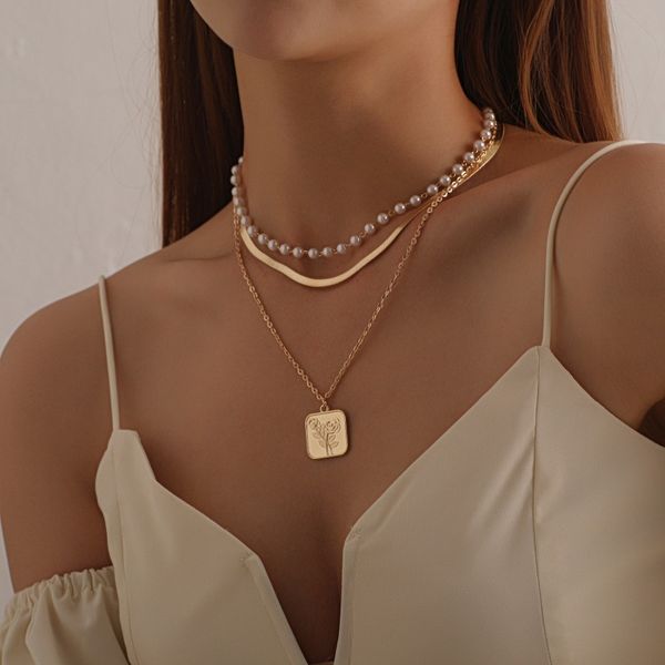 

мода pearl многослойных цепи площадь ожерелье роза сплав ожерелье, Silver
