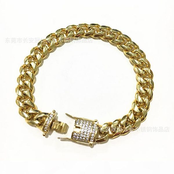 

s mens bracelets 18k gold plated hip hop cuban gold bangle 10mm 8 inch dimond button chain, Black
