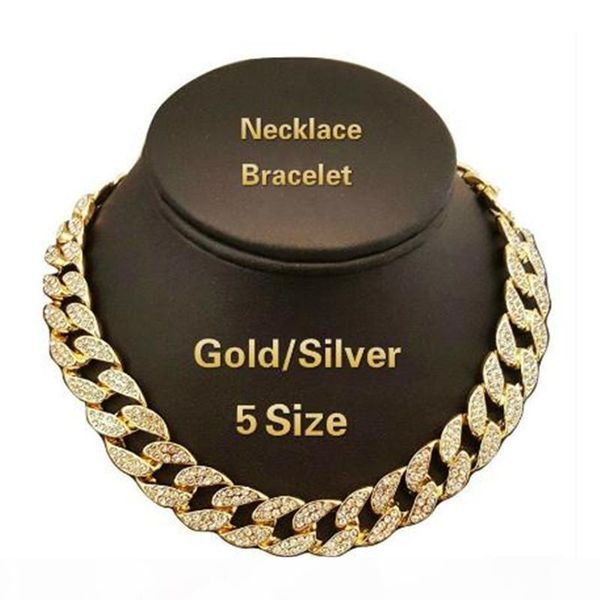

iced out bling rhinestone crystal gold finish miami cuban link chain men's hip hop necklace jewelry 18,20, 24, 30 inch, Silver