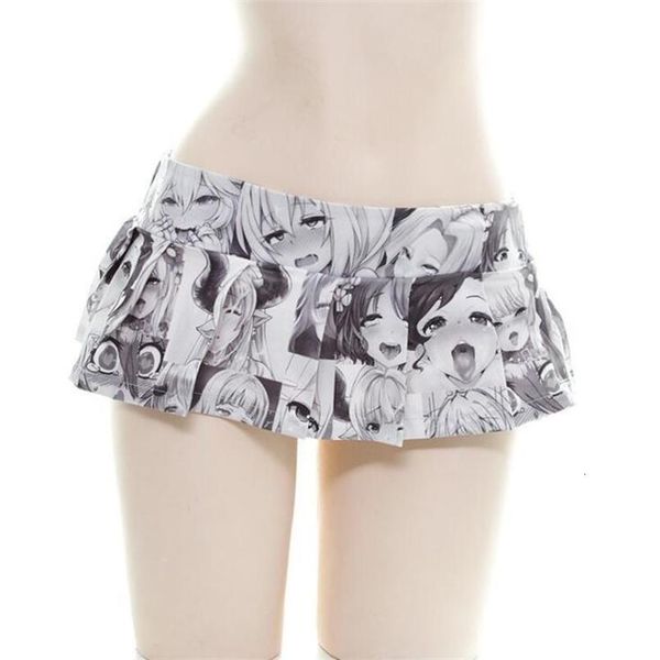 

19cm anime womens lolita cosplay ultrashort pleated skirt japanese high waist expression printed comic girl mini skirts, Black