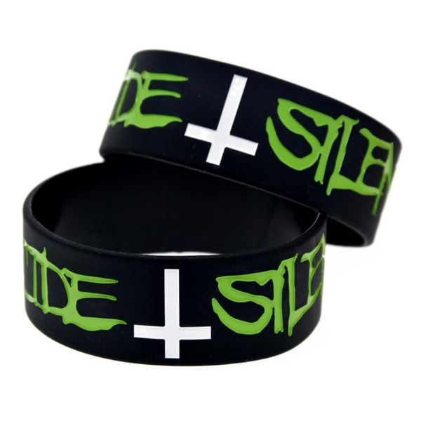 

1pc 1 inch wide debossed suicide silence silicone bracelet, Golden;silver