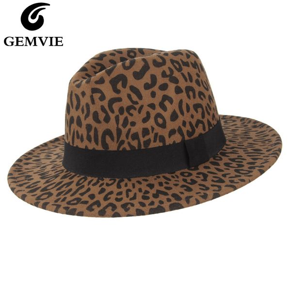 

gemvie 2019 wide brim leopard wool fedora felt hat for women new warm winter panama hat jazz cap with band t200723, Blue;gray
