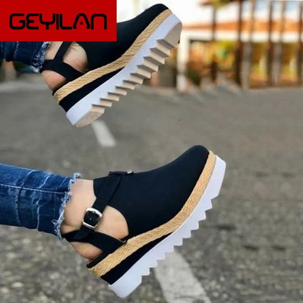 

женщины летние сандалии средние каблуки насосы клинья обувь женщина плюс размер light lady flatform sandalias mujer sapato feminino, Black