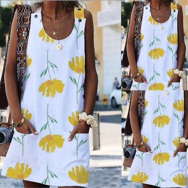 

2020 summer casual european and american printed button round neck pocket loose dress, Black;gray