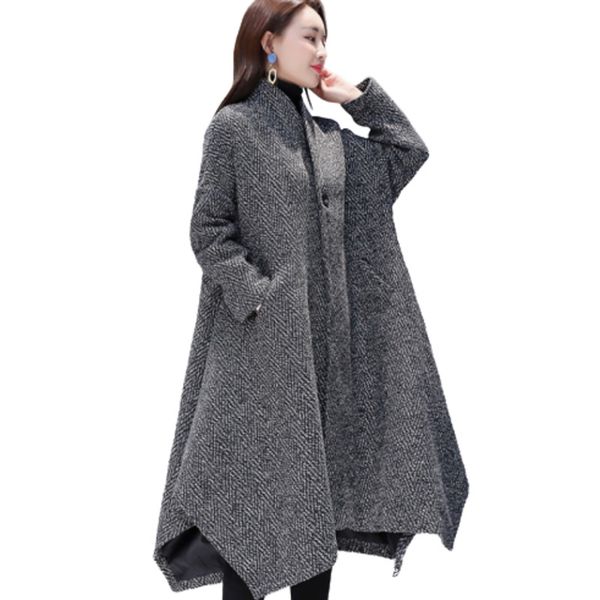 

coat women long 2020 autumn winter new irregular cloak jacket large size women's woolen female overcoat manteau female coat, Black