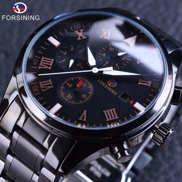 

forsing men's full automatic mechanical watch three eyes six needle waterproof steel strip men's watch, Slivery;brown