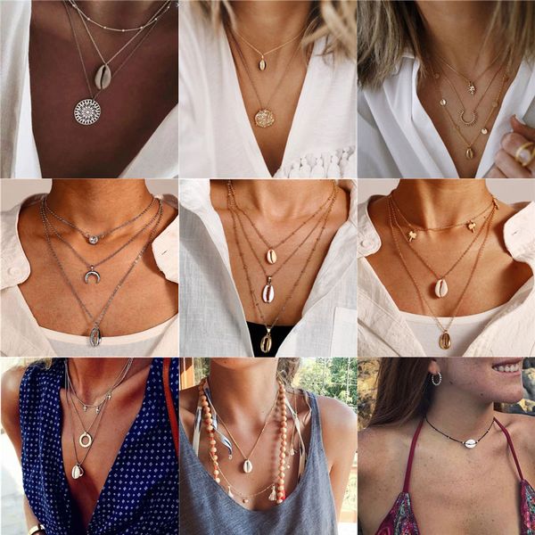 

modyle bohemia multilayer shell pendant necklace gold color crystal metal choker necklaces for woman jewelry, Silver
