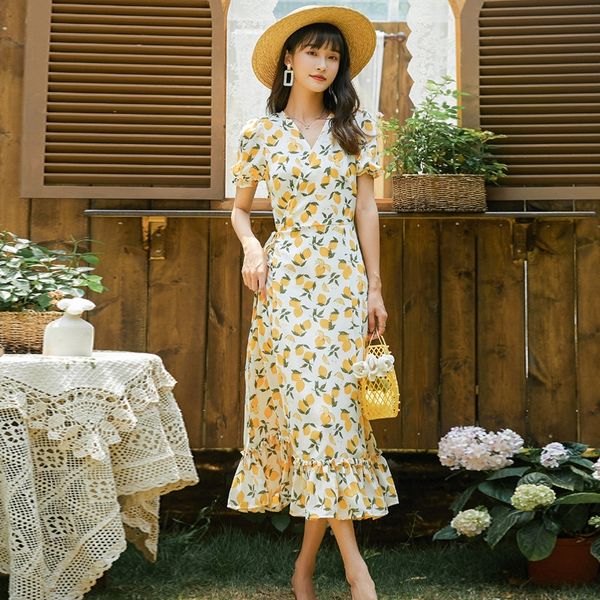 

2020 dress summer french v-neck lace-up bubble sleeve printedyellow holiday style tea break dress, Black;gray