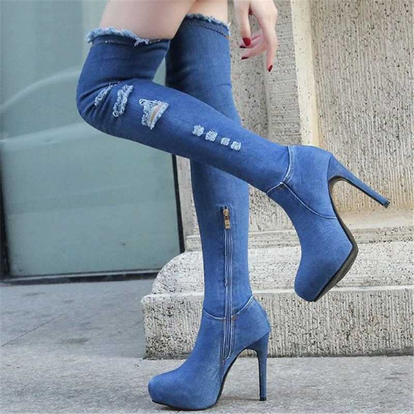 

autumn winter women slim thigh high denim boots 2020 new chunky high heel shoes woman casual cowboy over the knee boot, Black