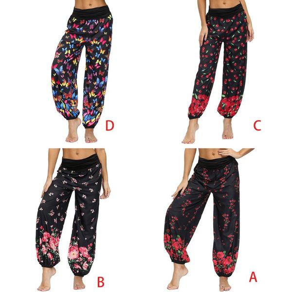 

women hippie baggy elastic waist yoga pants boho floral butterfly harem trousers, White;red