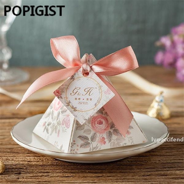

100pcs creative pink floral triangular pyramid wedding favors candy boxes bomboniera party gift box sugar box