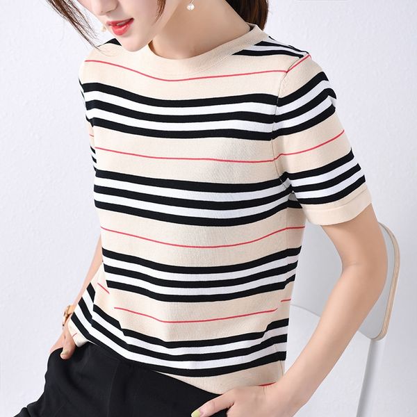 

i3lzq summer new ice silk sleeve women's round neck jacket jacketjacket short jacketshort thin half sleeve t-shirt korean style striped, White