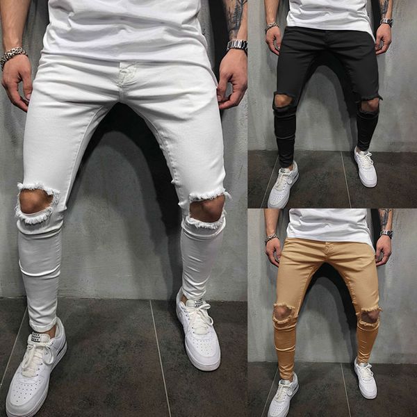 

men trousers casual skinny slim fit hip hop streetwear ripped destroyed hole biker long pencil pants, Black