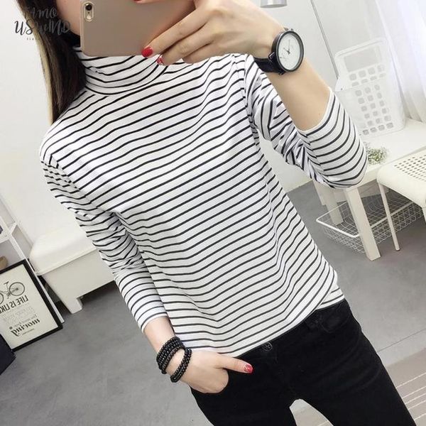 

spring korean women stripe basic t shirt turtleneck casual harajuku cap sleeve female leisure long sleeve t shirts, White