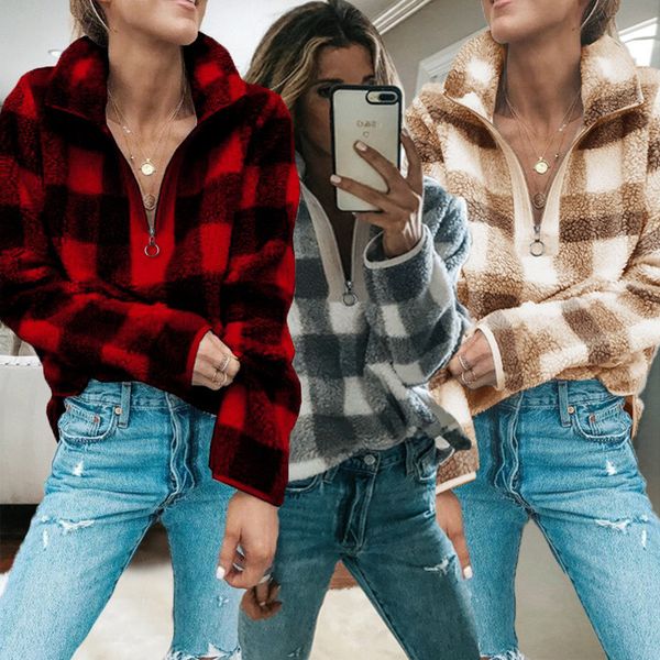 

womens designer sweatshirts casual autumn winter plaid printed hoodie with zipper button up collar casual femme clothes, Black