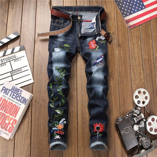 

blue trousers four seasons casual regular men pants floral embroidery straight mens jeans slim bleached black