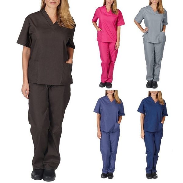 

38# 100% pure cotton nursing uniforms fashion scrubs set for women color blocking sedign v-neck short sleeves + pants, Gray