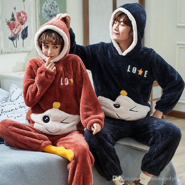 

2019 autumn and winter coral fleece couple pajamas men's winter bear sweet cartoon thickening pajamas ladies flannel home service suit, White