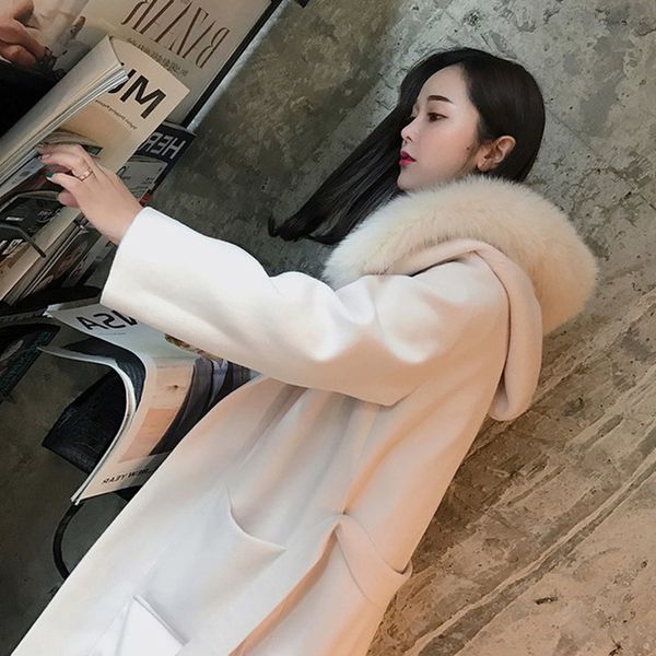 

solid pockets women winter wool blend coat fur collar patchwork wool coat and jacket elegant fashion wide-waisted outerwear, Black