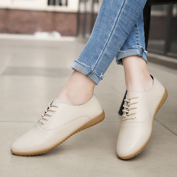 

fashion genuine leather women 2020 flats shoes ladies loafers round toe breathable black sneakers work casual shoes