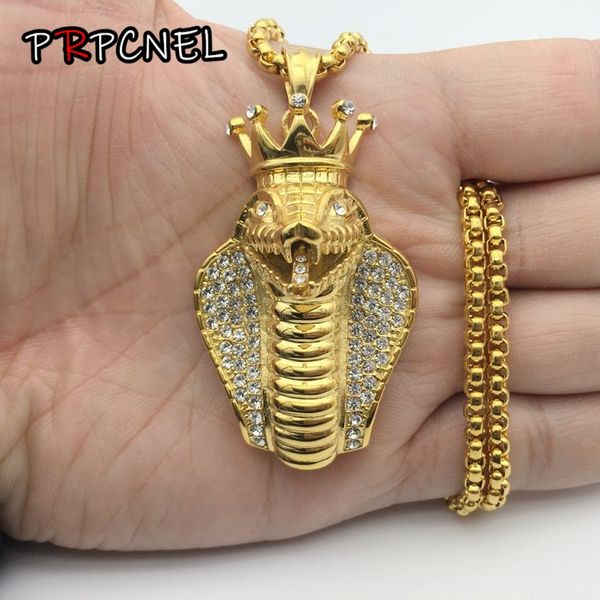 

pendant necklaces hip hop 2 color egyptian crown snake necklace with zircons animal jewelry stainless steel gift for men, Silver