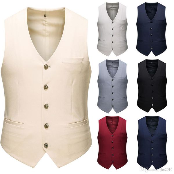 

men's single-breasted suit vest seven color choice groom vests for wedding men slim fit vest business formal wear solid short male clot, Black;white