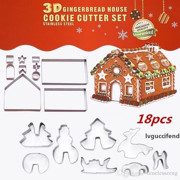 

18pcs/set stainless steel cookie mould christmas theme 3d diy double sugar cake pan gingerbread house metal cake cutters mould box package
