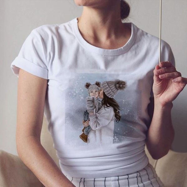 

t shirt women in the snow super mom kisses her child ulzzang style thin section cap sleeve tshirt casual streetwear female, White