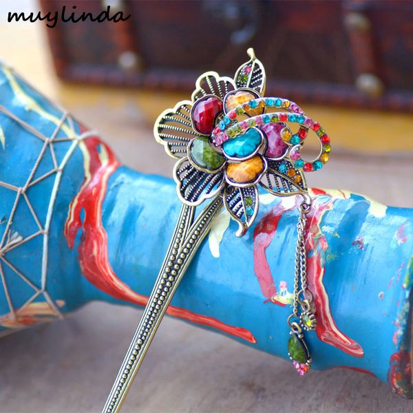 

retro big flower charm hair stick women antique metal banquet hair jewelry hairpins charm rhinestone accessories, Golden;silver