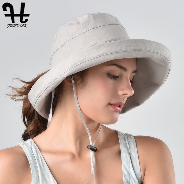 

furtalk summer sun hats for women cotton linen bucket hat fishing hiking ponytail hats upf 50+ uv protection cap 2020 summer y200714, Blue;gray