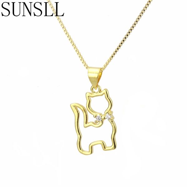 

sunsll new two color copper necklace white cubic zirconia cat shape pendant for girls/childen fashion jewelry necklace gifts, Silver