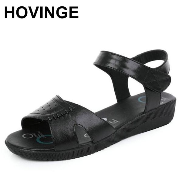 

hovinge genuine leather sandals women flat heel sandals fashion summer shoes woman summer big size 35-43, Black