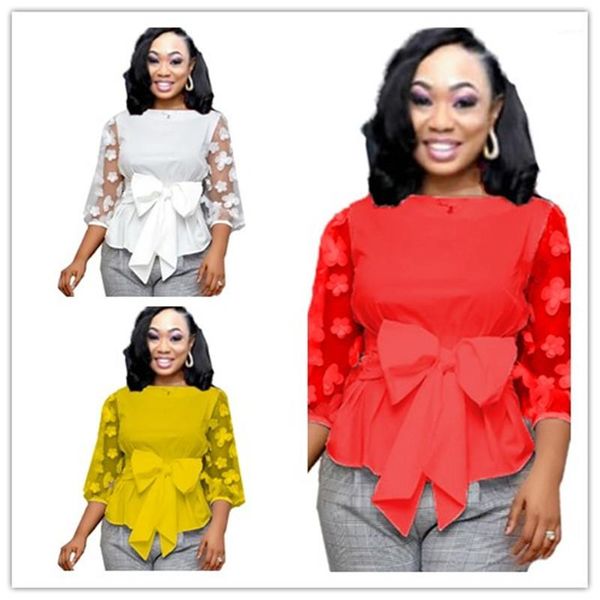 

лук solid color see through женского дизайнерского тиса твердой цветочная весна женщины tshirts три четверть рукав экипаж шея большого, White