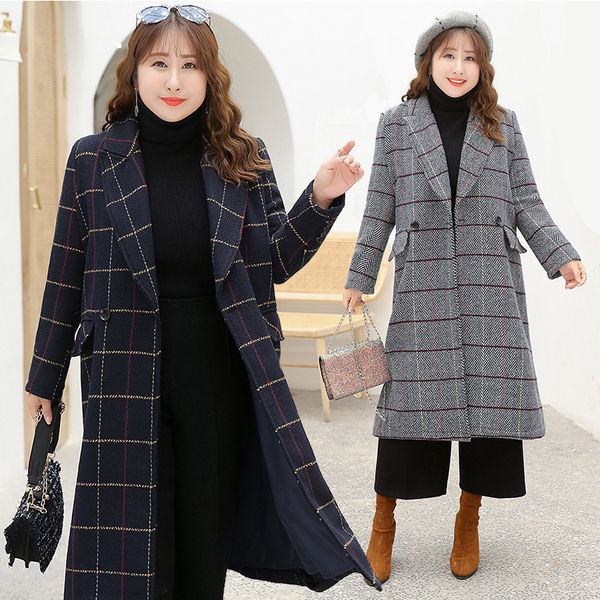 

women's wool & blends winter office loose 4xl woolen wear thickening and enlargement casual plaid long coat women gray korean, Black