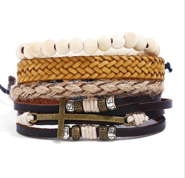 

2020 men's genuine leather bracelet diy pu alloy bronze cross bead bracelet combination suit bracelet 4styles/1set, Black