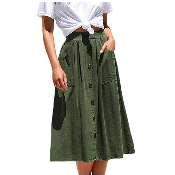 

2020 vintage womens skirt fashion a line midi elastic high waist solid color front button casual pleated skirt with pocket, Black