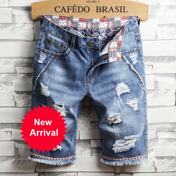 

новое лето мужские holes denim шорты мода мужчины денима джинсы тонкий прямые брюки мужские trend стилист брюки noe8a, Blue