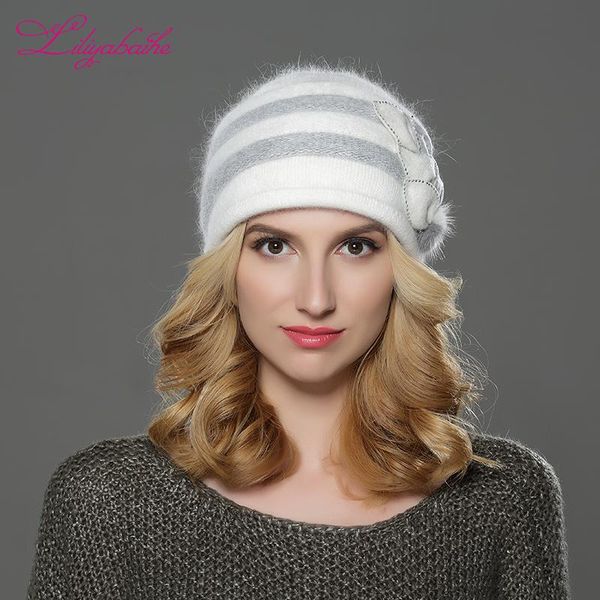 

liliyabaihe new style women winter hat knitted wool angora beanies patchwork colour mink flower decoration cap double warm hat mx191116, Blue;gray