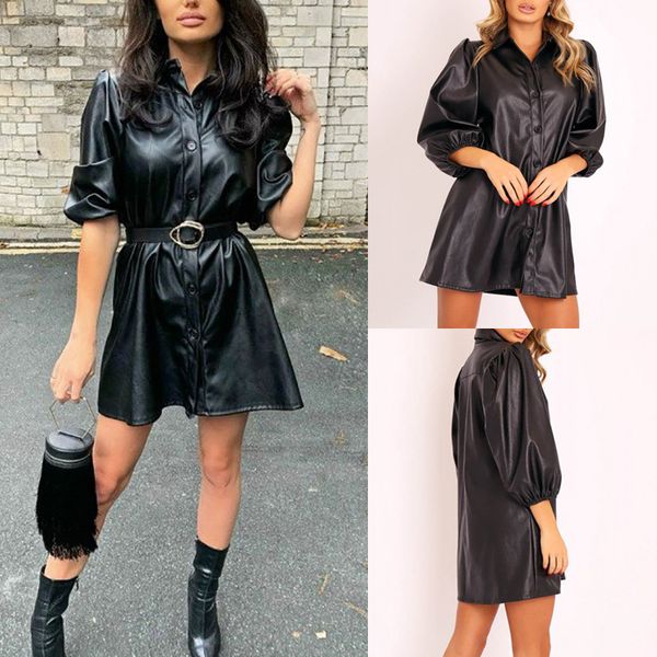 

casual dresses 2021 spring summer n dress loose lapel button pu leather long sleeved elegant temperament clothes, Black;gray