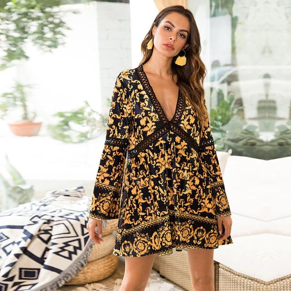 

women's 2020 spring summer hollow panel dress print velvet expandable v-neck zaraing sheining zafuler sukienka boho women dress, Black;gray
